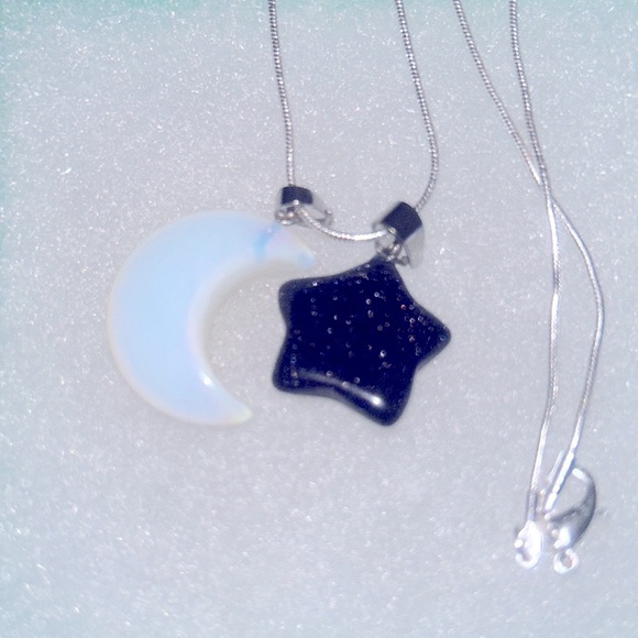 Hand Crafted Jewelry - Boho Hippie Natural Blue Goldstone Star & Opal Moon Silver 24” Ne…